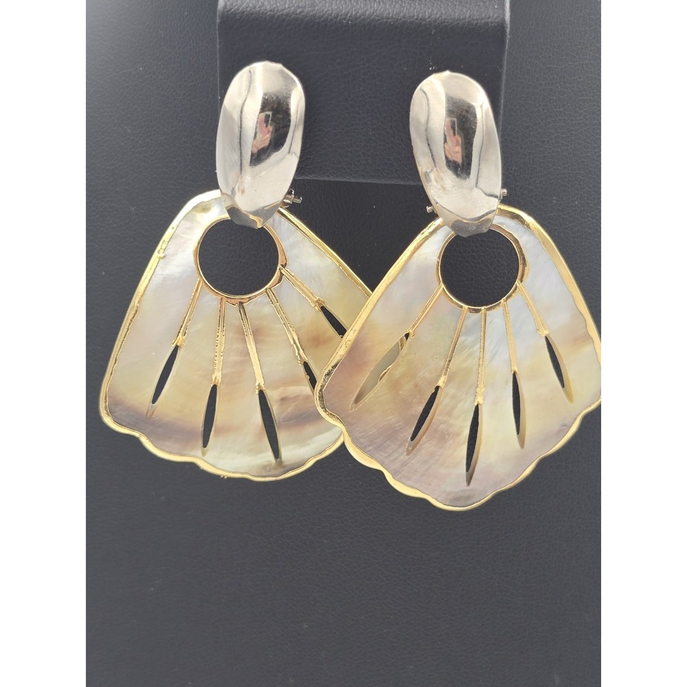 Elegant Mother of Pearl Fan Dangle Clip-On Earrings Gold &‎ Silver Tone Fashion - Picture 3 of 9